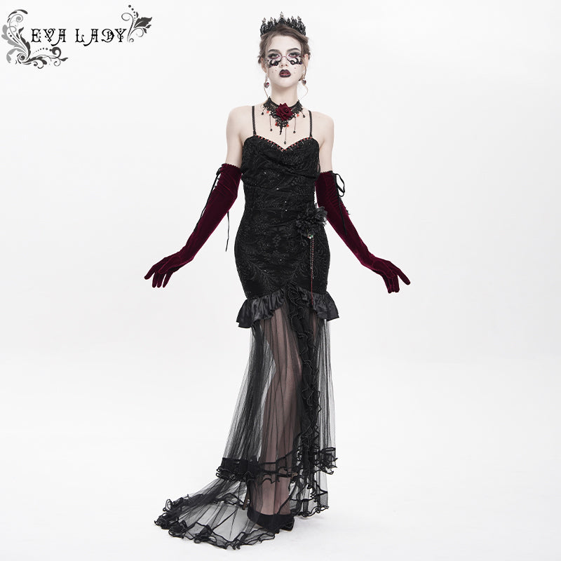 ESKT072 Sequined embroidered mesh suspender trailing dress