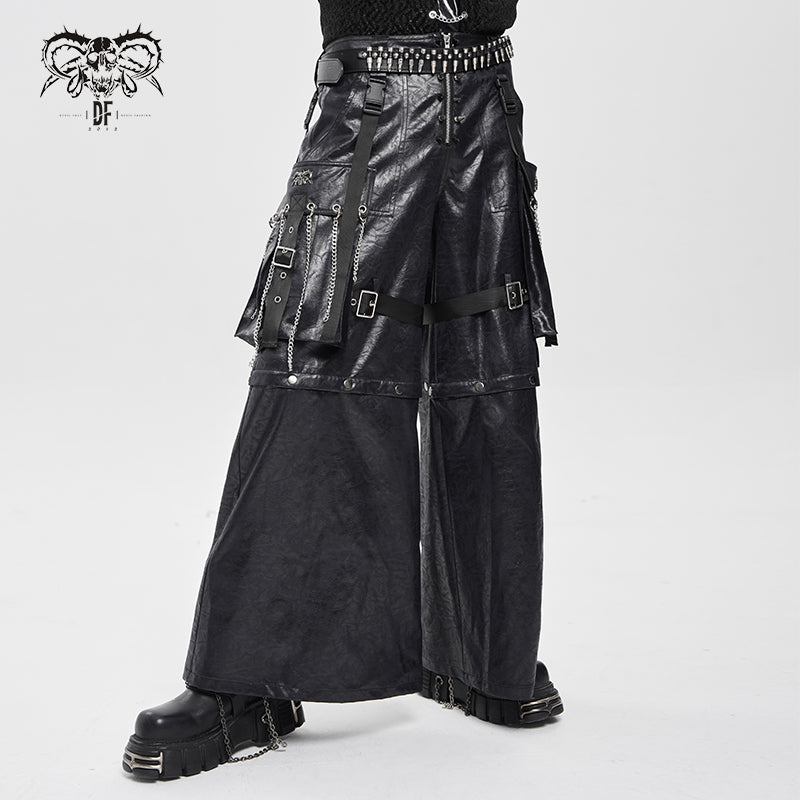 PT287 Pleated faux leather woven punk wide-leg pants