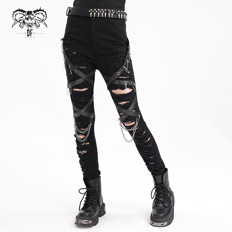 PT251 Punk ripped twill pants for women