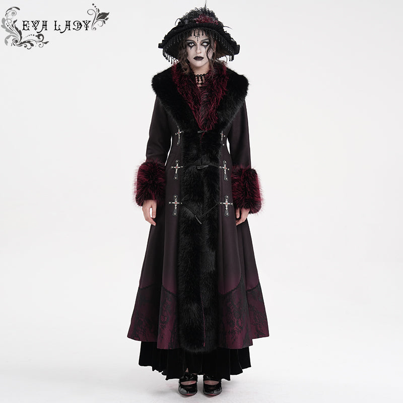 ECT016 thick warm gothic fur Black and red gradient nylon wool long coat