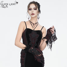 Load image into Gallery viewer, EGE00202 Black and red gothic Flocked rose mesh feather sleeves

