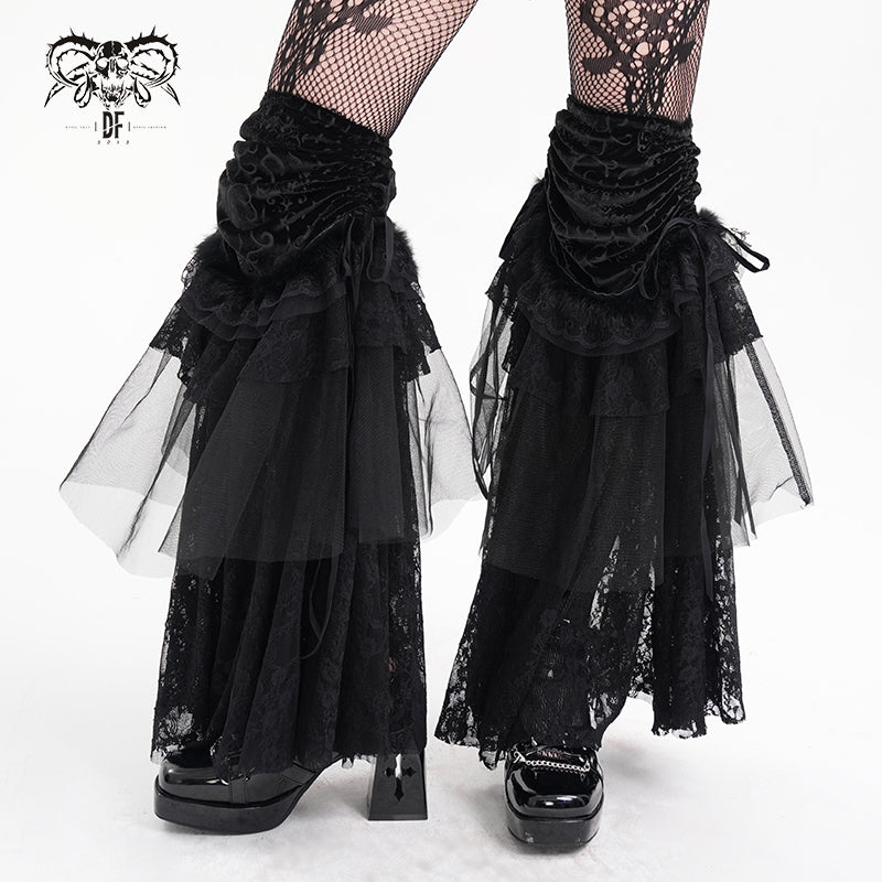 AS194 black women Gothic velvet pattern puffy lace leg warmers