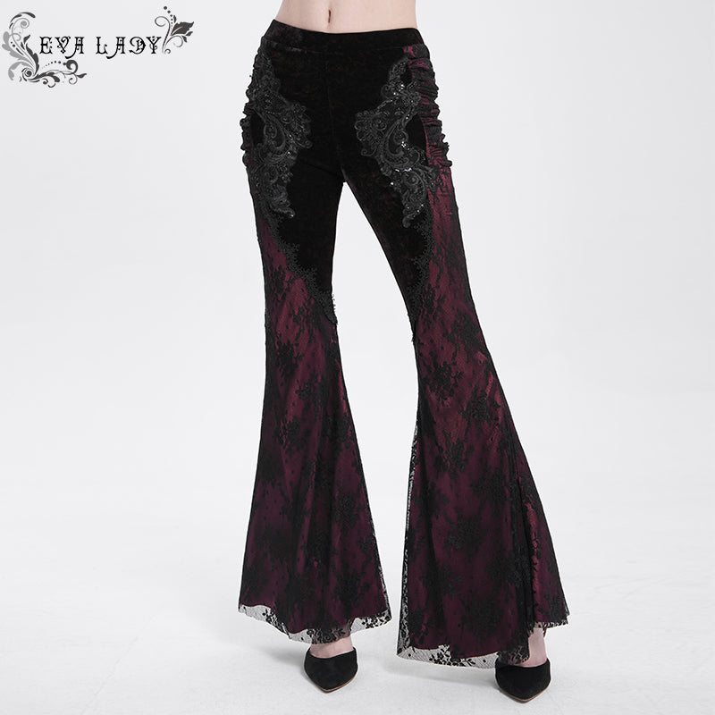 EPT01902 Black and Red Gothic velvet and lace flared trousers