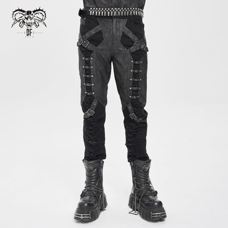 PT286 Twill and faux leather multi-strap punk trousers