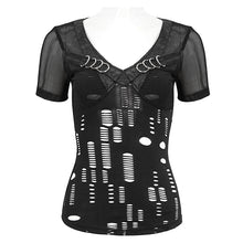 Load image into Gallery viewer, TT242 broken holes fine mesh and faux leather V-neck slim fit Short sleeve T-shirt
