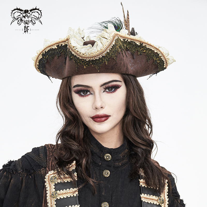 AS181 Lace peacock feather triangle pirate hat