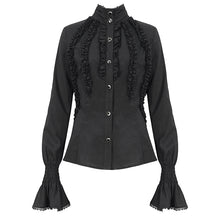 Load image into Gallery viewer, SHT10601 Black chiffon smocked lace stand collar women blouse
