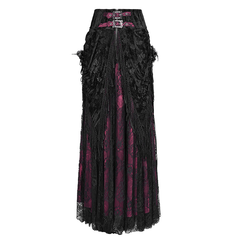 ESKT05002 Black and red Women High Waist Rose Embossed Velvet Tasseled Skirt