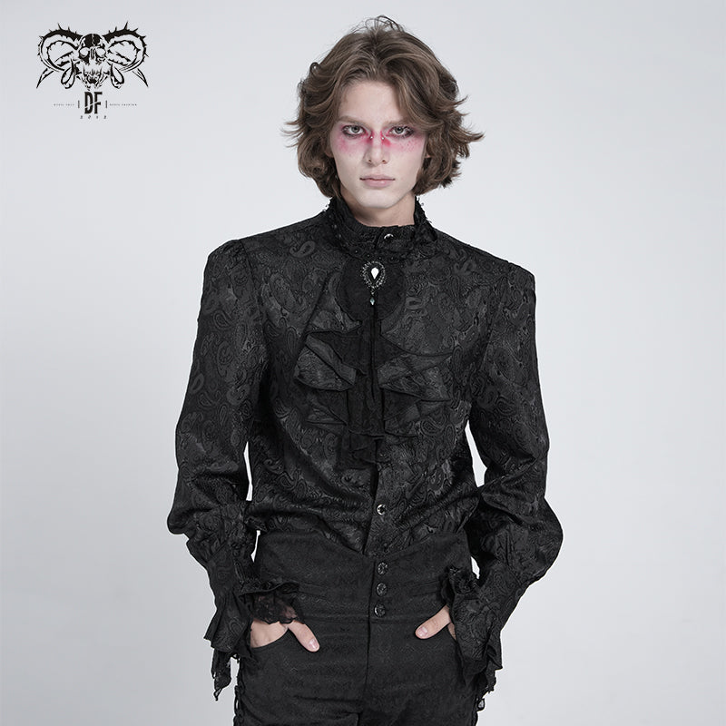 SHT01001 Paisley jacquard shining black rose lace cuff gothic men shirts with bow tie