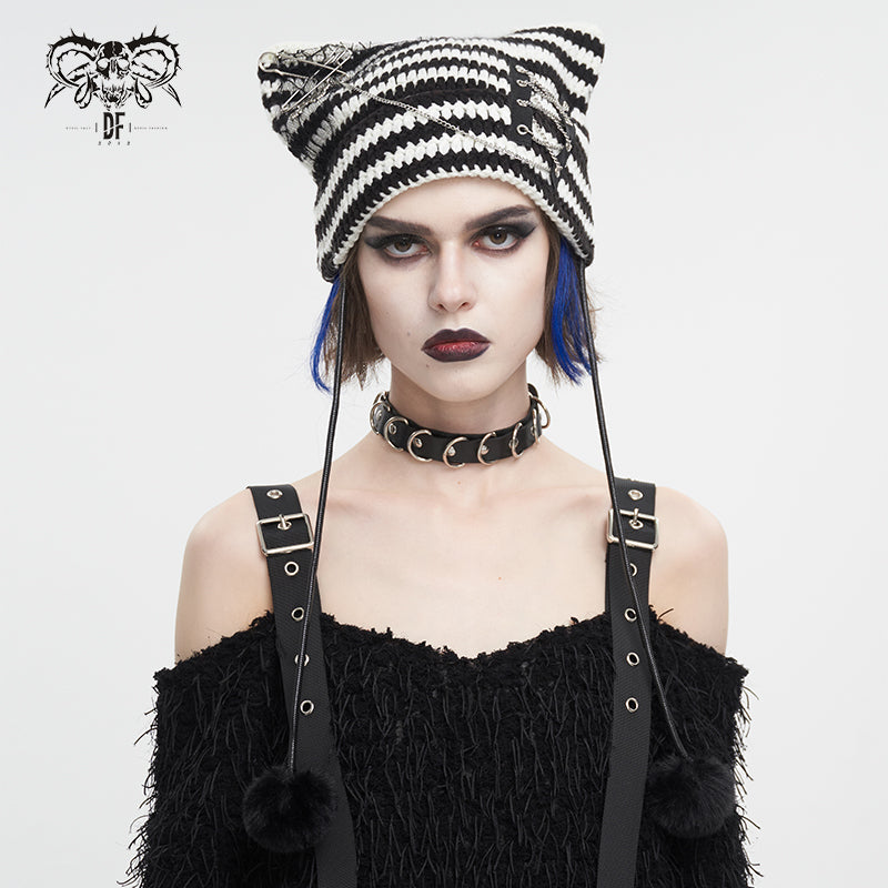 AS16501 black and white Punk woolen hat with pin and chain
