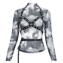 Load image into Gallery viewer, TT266 Punk tie-dyed mesh leather strip embellished women&#39;s T-shirt
