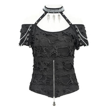 Load image into Gallery viewer, TT291 Ripped knitted halterneck off-shoulder punk T-shirt
