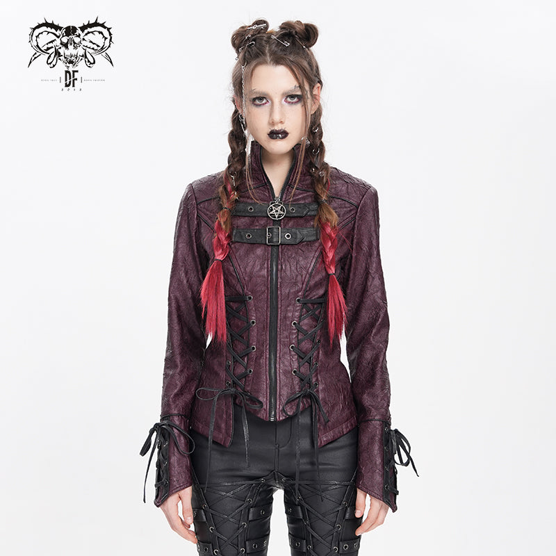 CT26302 Red Pleated Faux Leather Punk Jacket