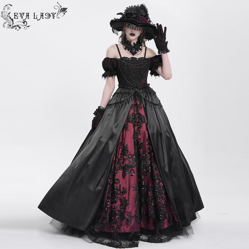 ESKT05702 red Sequined Lace Mesh Gown Dress