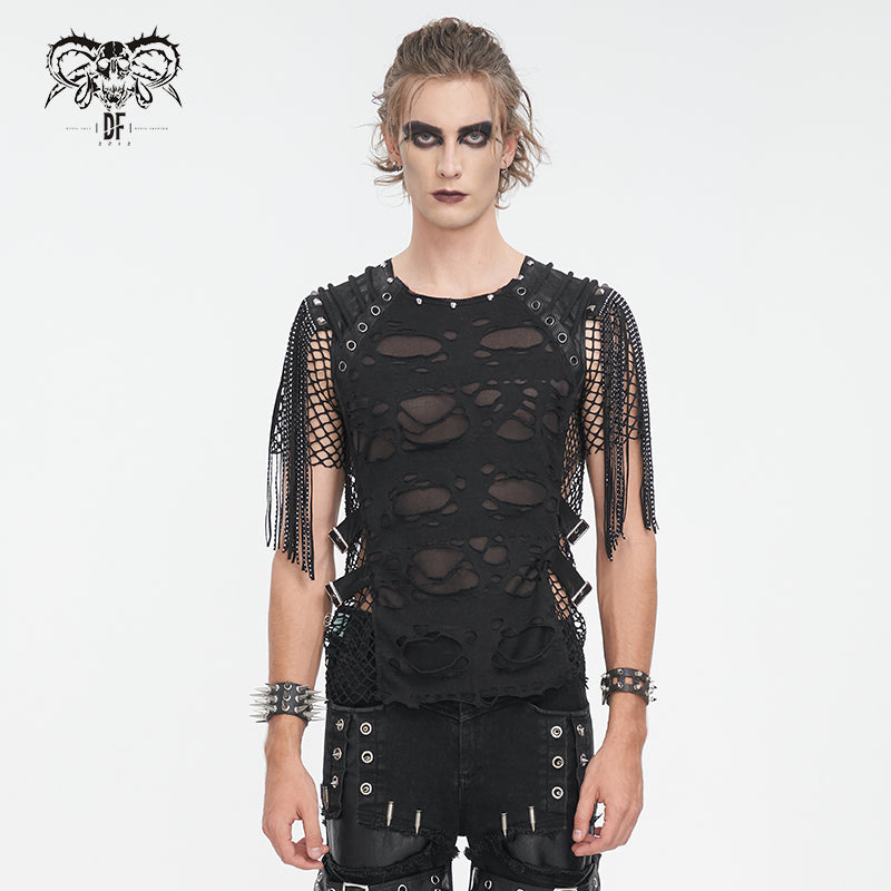 TT276 Punk hole mesh tasseled men's T-shirt