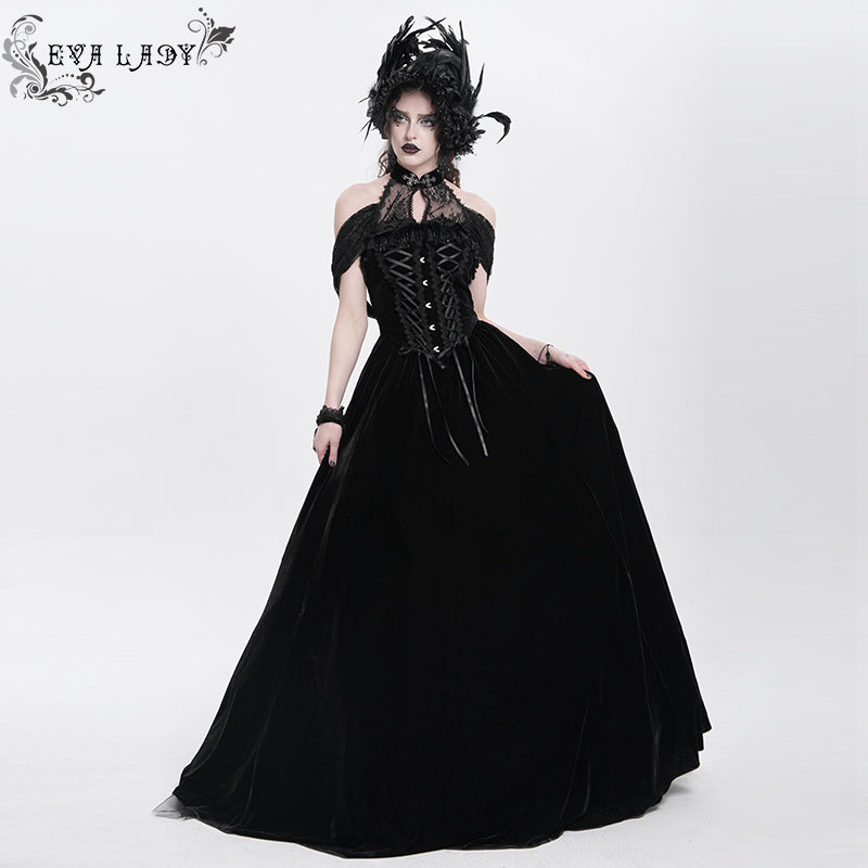 ESKT058 Stand collar ribbon tied steel button velvet dress