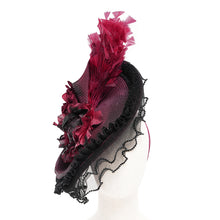 Load image into Gallery viewer, EAS02402 black and red Half-rimmed feather flower headband straw hat
