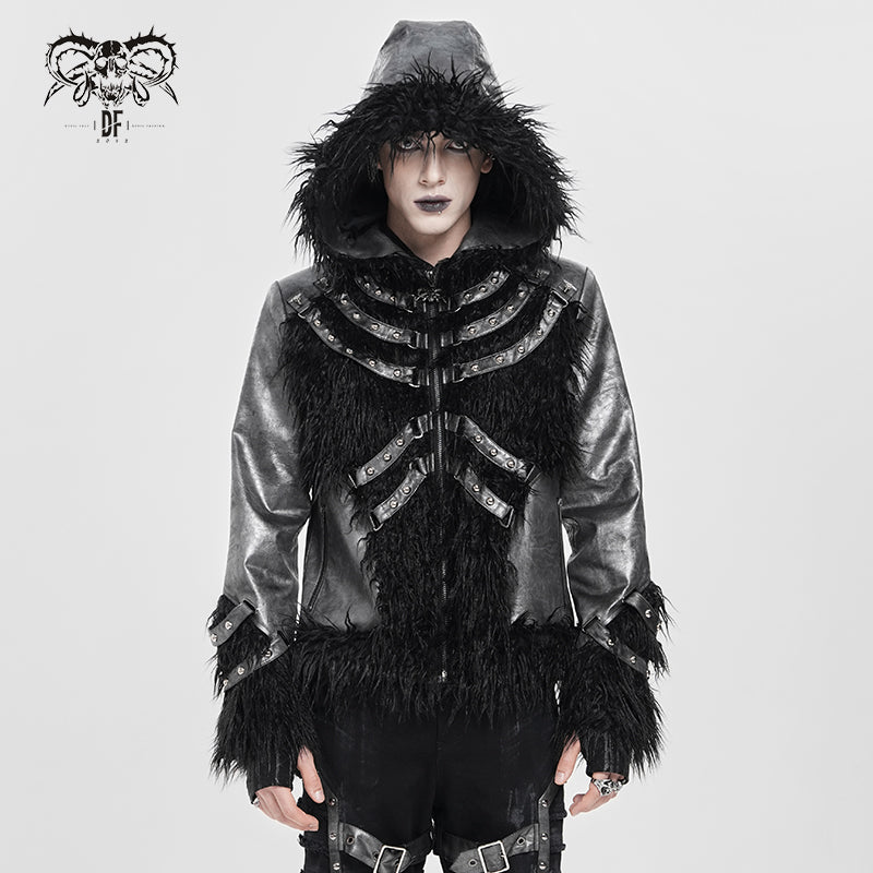 CT273 Punk hooded long-sleeved jacket with multiple straps on the front