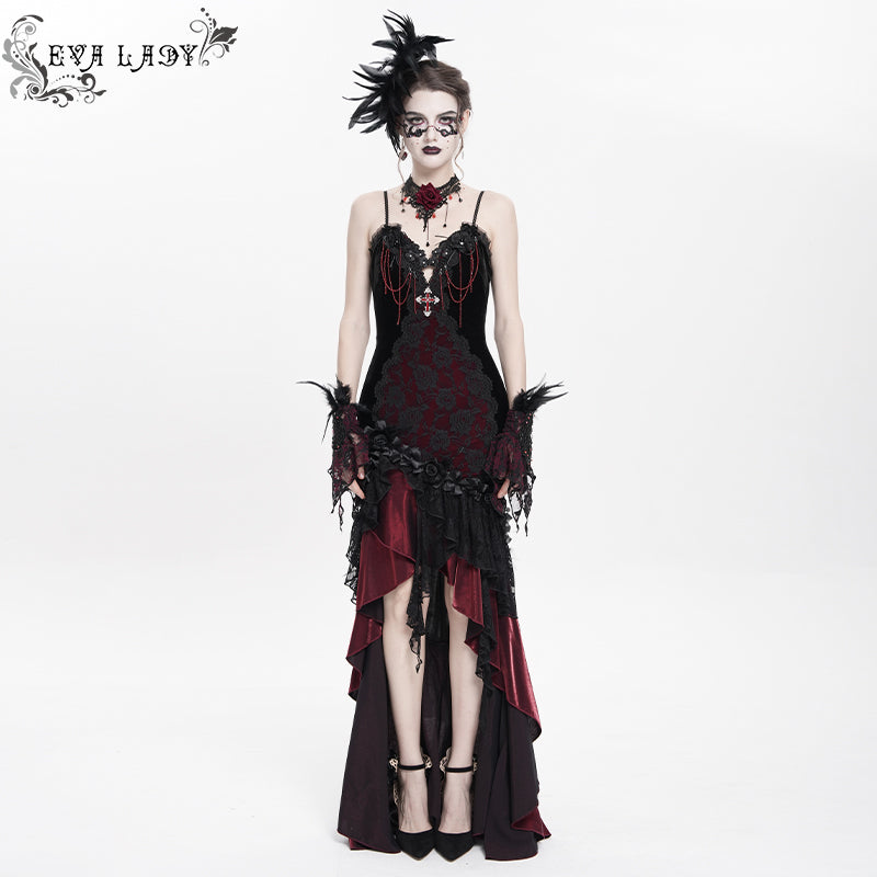 ESKT06302 Red Gothic fishtail dress with suspenders