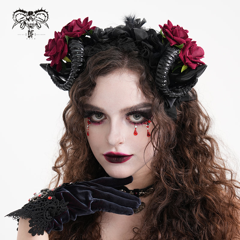 AS196 Black and red gothic party cosplay Devil Rose Horn Hairpin Headband