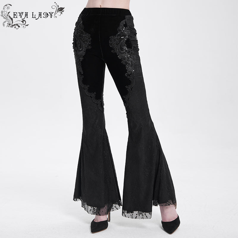 EPT01901 Black Sexy Women Gothic velvet and lace flared trousers