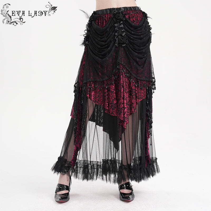 ESKT051 Women Burnt Out Velvet and Diamond Flower Mesh Gothic Skirt