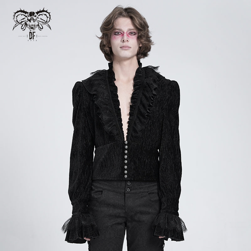 SHT13301 Black Pleated velvet V-neck shirt