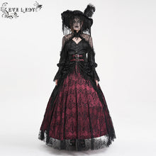Load image into Gallery viewer, ESKT05002 Black and red Women High Waist Rose Embossed Velvet Tasseled Skirt
