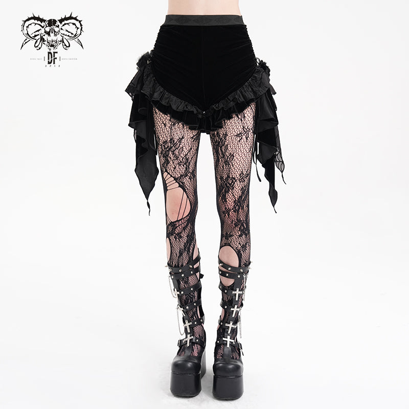 PT255 Gothic black women Pleated hem velvet shorts