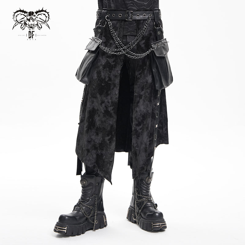 SKT228 Punk Velvet and Black Leather Accordion pocket kilt