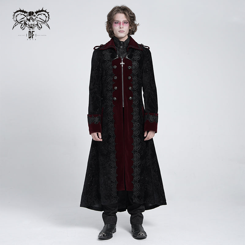 CT26202 Black and red Gothic paisley jacquard fleece long coat