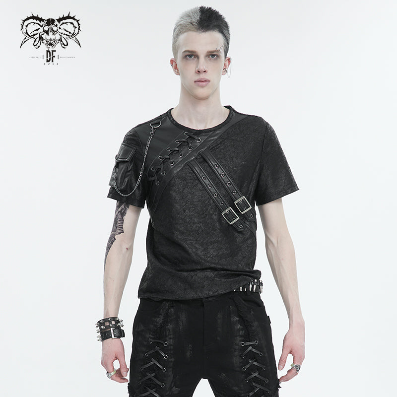 TT248 Punk cracked faux leather strap men's T-shirt