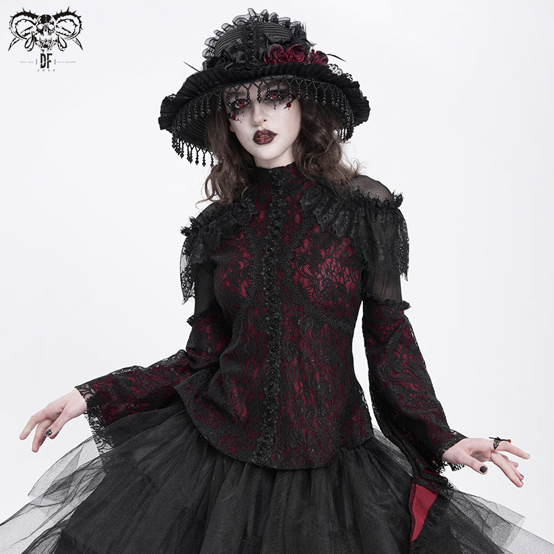 TT27902 Dark Red Gothic Double Lace Mesh Women T-Shirt