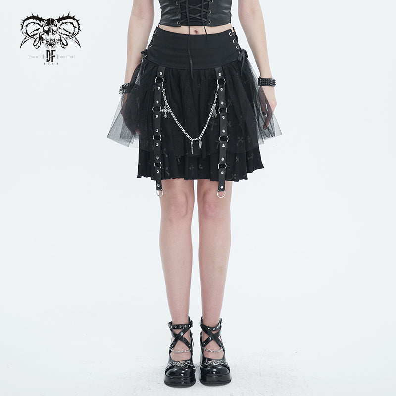 SKT15701 Black cross printed skirt