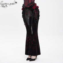 Load image into Gallery viewer, EPT02002 Black and Red Velvet-knit flared trousers with side ruffles
