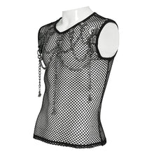 Load image into Gallery viewer, TT317 Large Diamond Mesh &amp; Faux Leather Paneled Woven Punk T-Shirt
