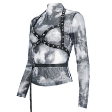 Load image into Gallery viewer, TT266 Punk tie-dyed mesh leather strip embellished women&#39;s T-shirt
