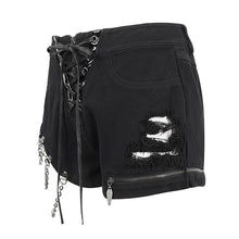 Load image into Gallery viewer, PT208 Denim and leather spliced asymmetric  shorts with chain
