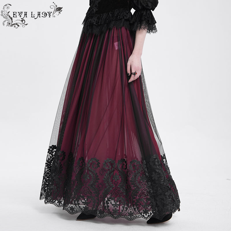 ESKT05602 red Gothic floral embroidered skirt