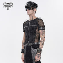 Load image into Gallery viewer, TT315 Punk Stretch Tie-Dyed Knit T-Shirt with Large Diamond Mesh Paneling

