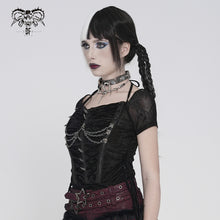 Load image into Gallery viewer, TT311 Punk-Style Halter-Neck Velvet-Knit &amp; Mesh Patchwork Short-Sleeve T-Shirt
