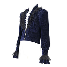 Load image into Gallery viewer, SHT13302 Blue Pleated velvet V-neck shirts
