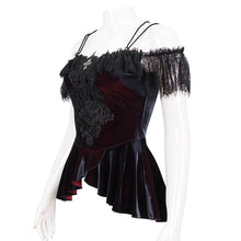 Load image into Gallery viewer, TT241 Wine velvet big lace flat shoulder short sleeves vest
