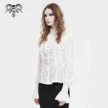 Load image into Gallery viewer, SHT10602 White chiffon smocked lace stand collar women&#39;s shirt
