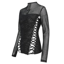 Load image into Gallery viewer, TT255 Diamond mesh stitching long sleeve strappy women&#39;s T-shirt
