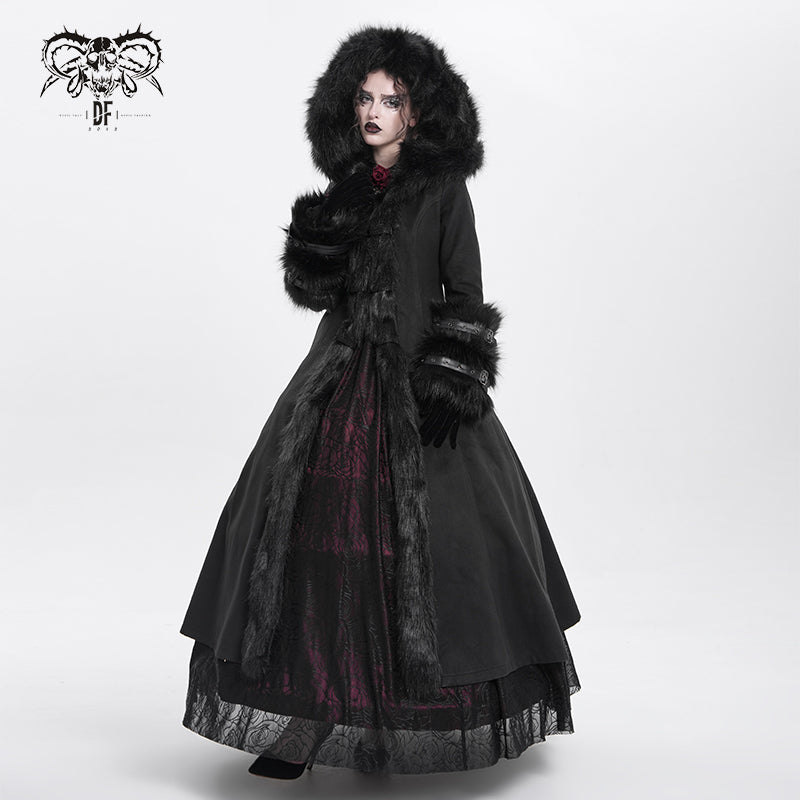 CT12601 winter sexy women black Gothic double-faced woolen hooded long coat with fur