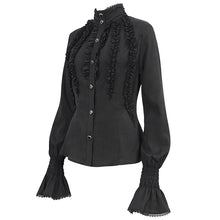 Load image into Gallery viewer, SHT10601 Black chiffon smocked lace stand collar women blouse
