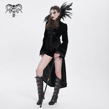Load image into Gallery viewer, ECT004 Festival short front long back feather stand collar velveteen gothic women black long coat
