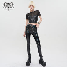 Load image into Gallery viewer, TT194 Cracked mesh leather spliced women&#39;s short sleeves top
