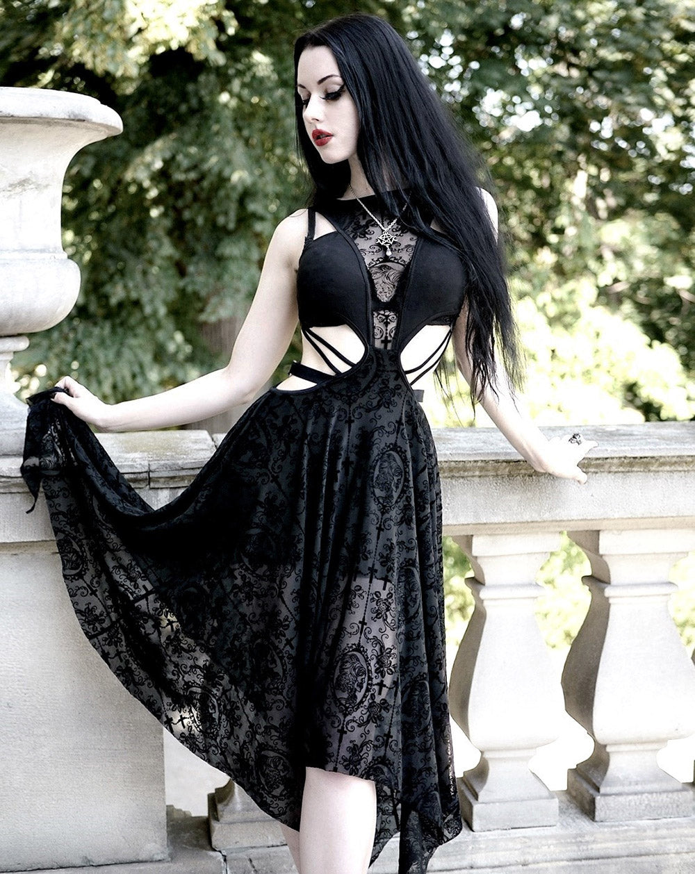 SKT09001 semilucent black Queen cross flocking printed sleeveless sexy –  Devil Fashion Official